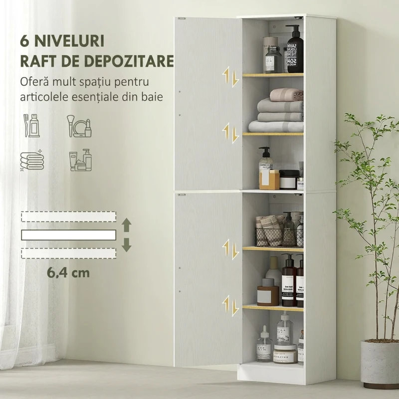 HOMCOM Dulap Coloană pentru Baie cu 2 Dulapuri și 6 Rafturi Reglabile, din Lemn, 40x35x180 cm, Alb