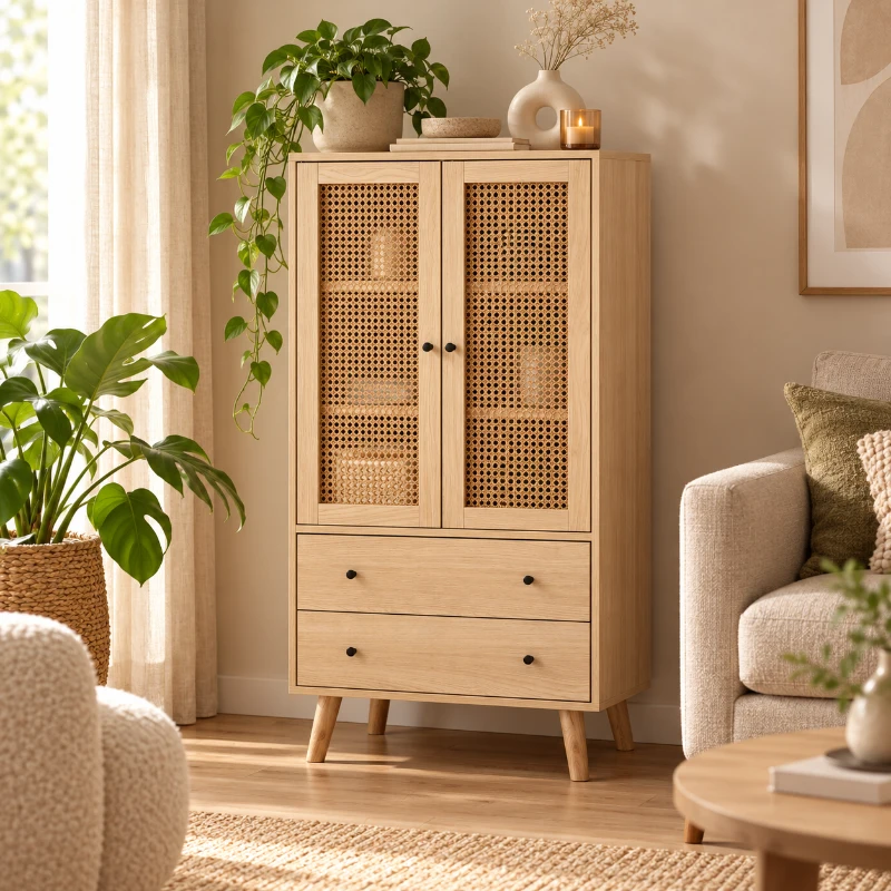 Highboard 120 cm met 2 lades en 2 deuren, rattan-deuren en push-to-open systeem, veel opbergruimte en multifunctioneel als tv-meubel, spaanplaat met massief houten poten, draagkracht 30 kg, 60x40x120 cm, naturel