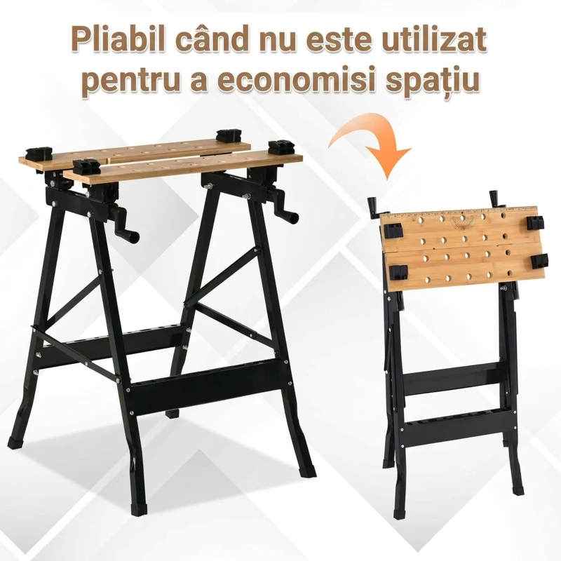 HOMCOM Banc de Lucru Pliabil cu 4 Menghine, Riglă și Unghiometru, Capacitate 150 kg, Negru și Lemn