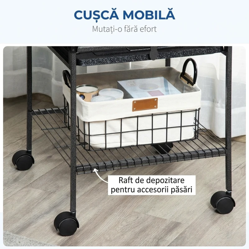 PawHut Colivie pentru Peruşi cu 2 Stinghii și Scară în Arc, din Oțel, 62,5x62,5x156 cm, Gri