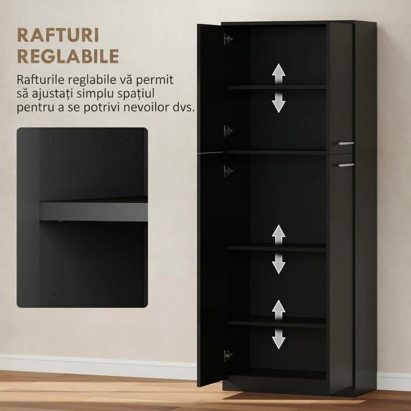 HOMCOM Mobilier de depozitare minimalist cu 2 dulapuri și rafturi reglabile, din lemn negru, 59x31x155 cm