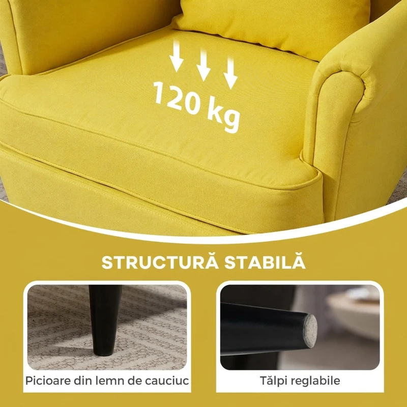 HOMCOM Fotoliu cu Pouf în Stil Contemporan, din Țesătură cu Efect de In și Lemn de Caucciú, 75x83x104 cm, Galben
