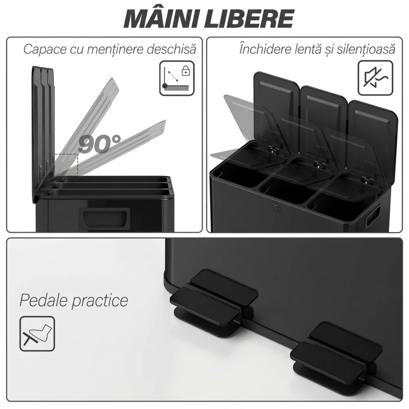 HOMCOM Bidone Immondizia a 3 Sezioni da 20L con Chiusura Silenziosa, in Acciaio Inox e PP, 61.9x36.6x56.7 cm, Nero