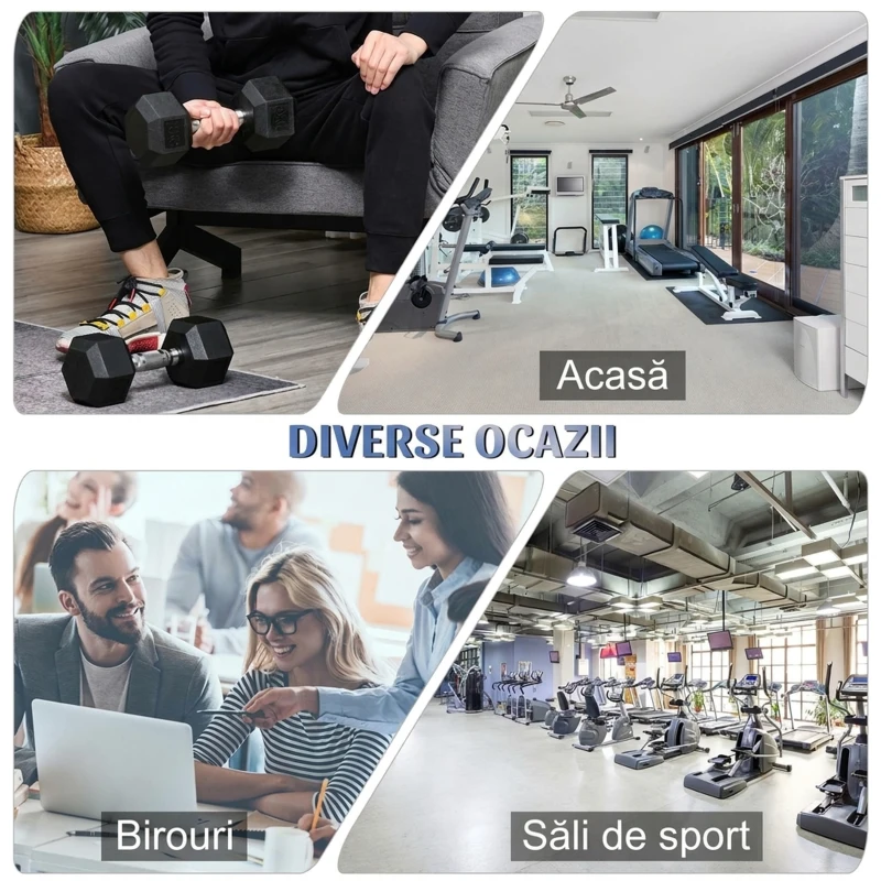 HOMCOM Set 2 gantere hexagonale de 10kg din metal si cauciuc pentru antrenamente acasa si la birou, negru