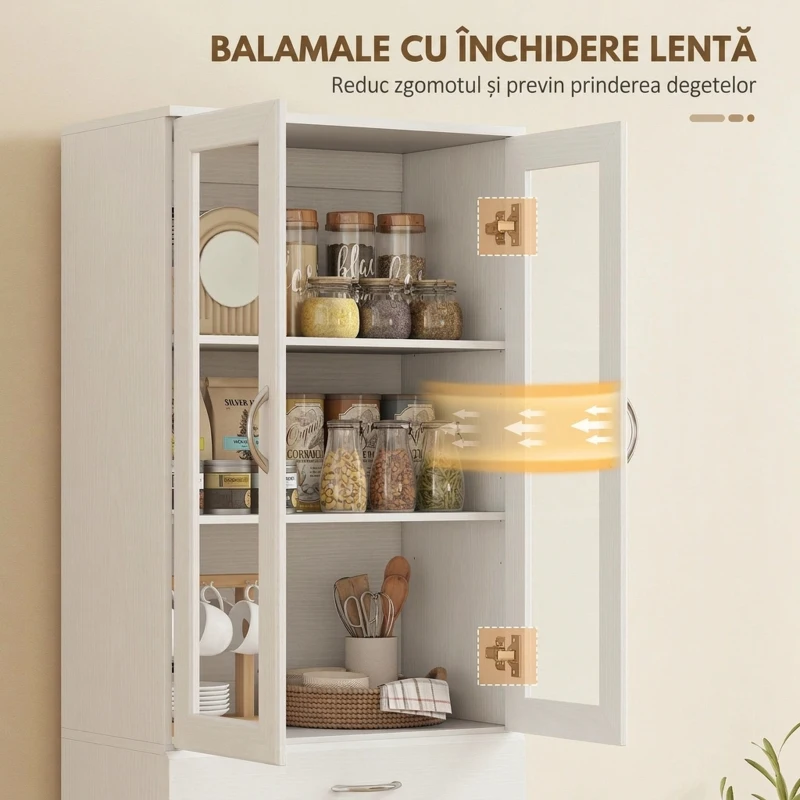 HOMCOM Bufet de Bucătărie cu 2 Dulapuri și un Sertar, Rafturi Reglabile și Uși din Sticlă, 60x35x180 cm, Alb