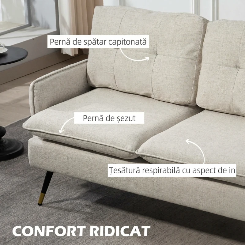 HOMCOM Divano 2 Posti in Tessuto Effetto Lino con Gambe in Acciaio e Cuscini Imbottiti, 139x68x80 cm, Bianco Crema