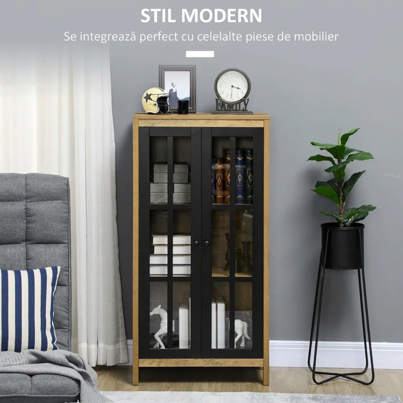 HOMCOM Bufet Modern cu 2 Uși din Sticlă și Lemn, 60x35x120cm, Maro