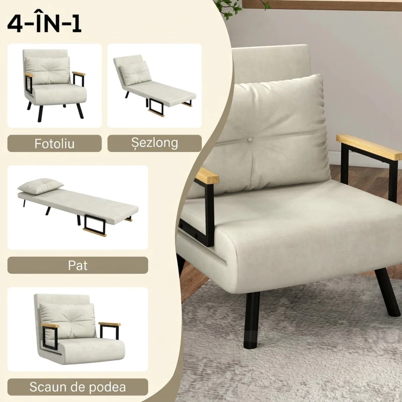 HOMCOM Fotoliu Pat 3 în 1 cu Spătar Reglabil și Pernă, din Material cu Efect de Catifea, 63x73x81 cm, Crem(m-4)