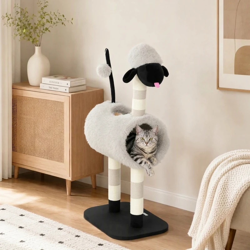 PawHut Kattenboom in schaapdesign met krabpalen, tunnel en speelgoed, 98 cm, lichtgrijs