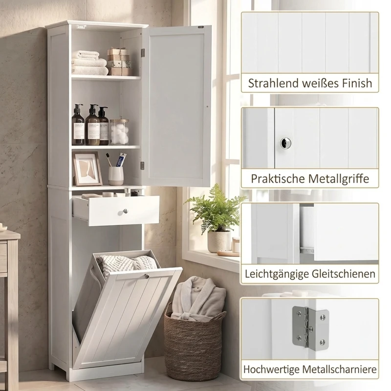 HOMCOM Smalle badkamerkast met kantelbaar wasvak, 180 cm, wit