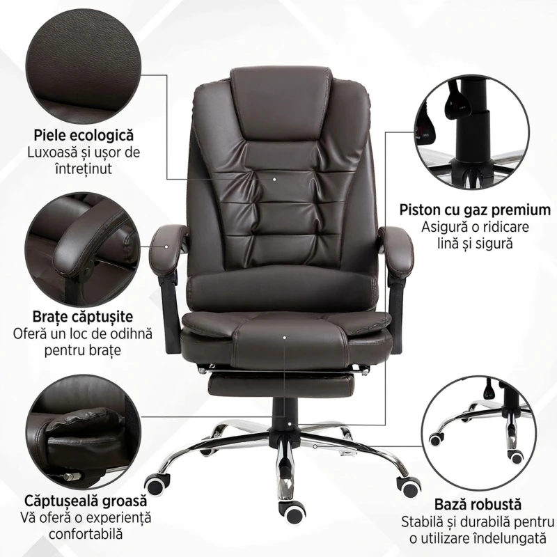 HOMCOM Fotoliu de Birou Reclinabil Președințial cu Suport pentru Picioare, 64.5x69x109-117 cm, culoare Cafea