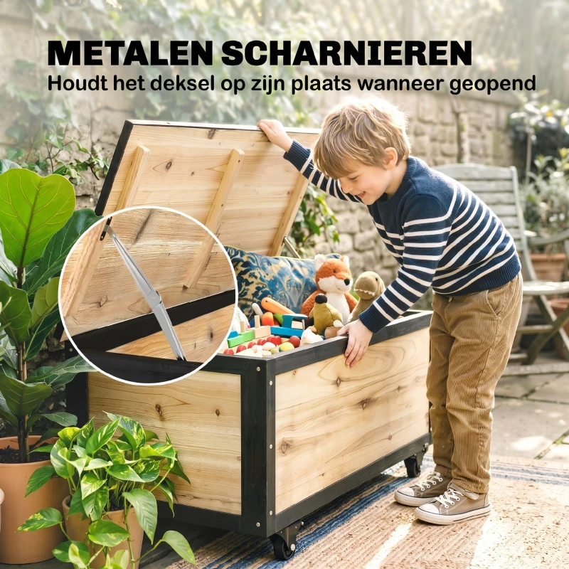 Outsunny Tuinopbergbox, 121 liter, 2 wielen, weerbestendig, metalen frame, natuurlijk hout, 100x50x43 cm