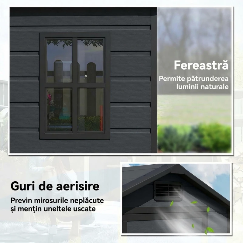Outsunny Căsuță pentru Unelte cu 2 Intrări, Ferestre și Aerisiri, din PP și Aluminiu, 128x104x196 cm, Gri Închis