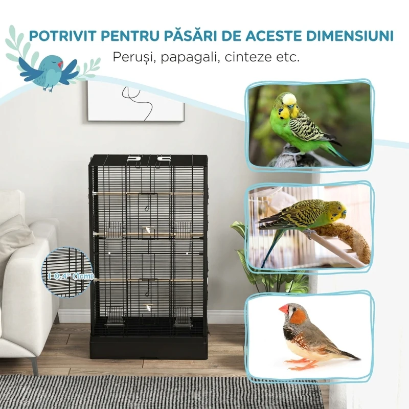 PawHut Colivie pentru Păsări cu Tavă Detașabilă și Suporturi, Volieră pentru Papagali, 61x36.5x98cm, Negru