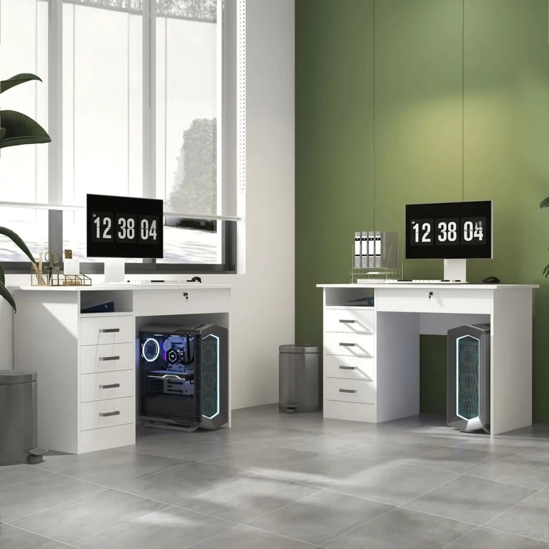 HOMCOM Birou modern cu 5 sertare și compartiment deschis cu încuietoare și 2 chei, 110x50x76cm, alb(m-7)