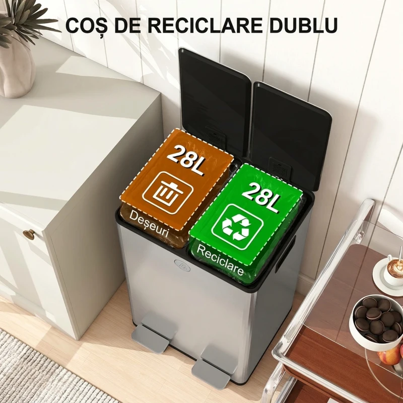 HOMCOM Coș gunoi cu pedală bucătărie, capac închidere ușoară, recipiente interioare detașabile, oțel, 2x28L, argintiu