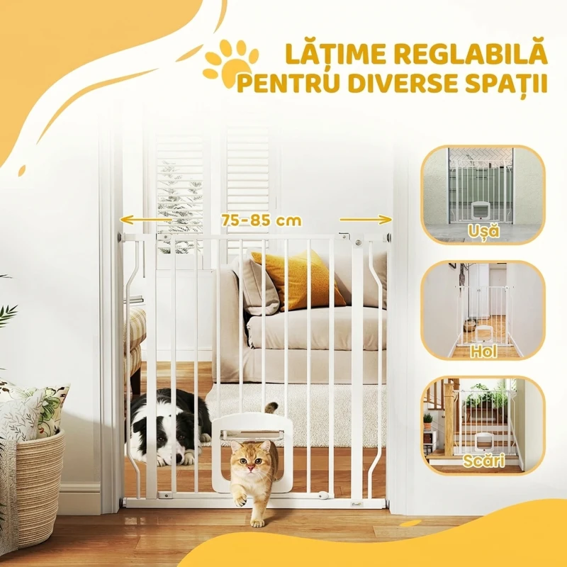 PawHut Gard Extensibil pentru Câini și Pisici cu Ușiță Integrată, Gard din Oțel și ABS, 75-85x2x76 cm, Alb