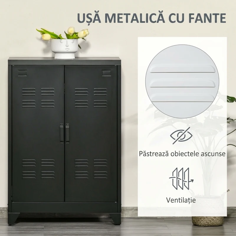 HOMCOM Dulapior Multifunctional cu 2 Usi Stil Industrial, Dulapior Metalic pentru Casa si Garaj - Gri