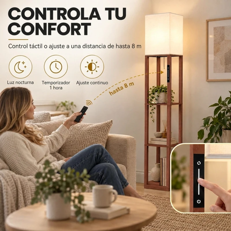 HOMCOM Lámpara de Pie con 3 Estantes Luz LED Regulable Control Táctil y Remoto Pantalla de Tela Bombilla Incluida Marrón