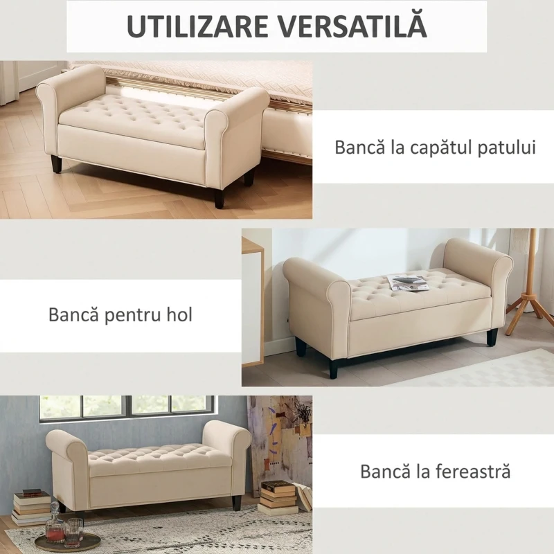 HOMCOM Bancă Dormitor cu Compartiment de Depozitare și Cotiere Rulate, 126x48.5x57 cm, Bej