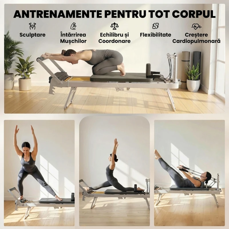 SPORTNOW Reformer Pilates Pliabil pentru Acasă cu 2 Benzi Elastice, Alb