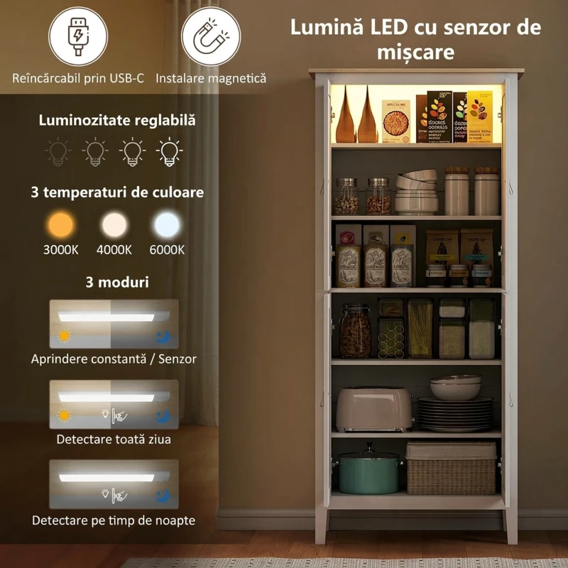 HOMCOM Bufet Înalt de Bucătărie, Dulap cu Lumină LED, Reglabil în 3 Culori, Rafturi Ajustabile, Alb