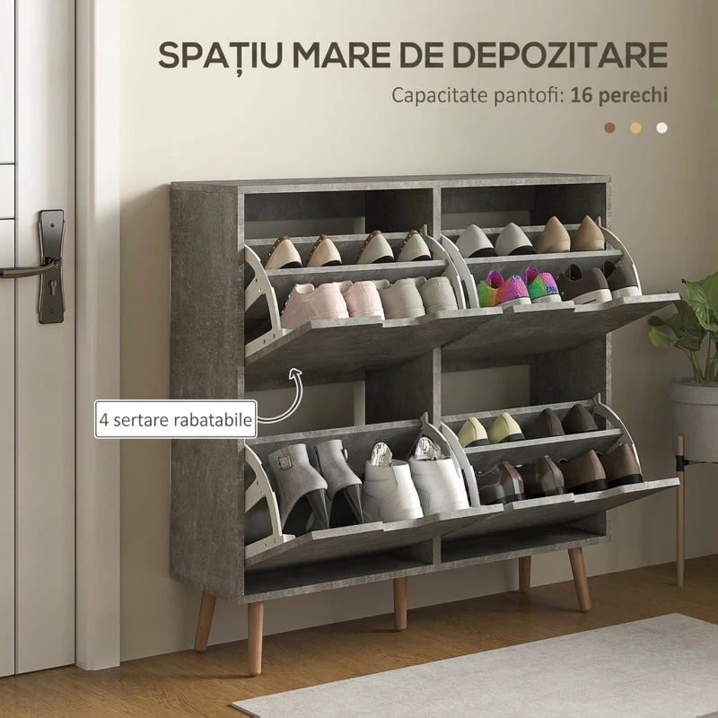 HOMCOM Dulap pentru încălțăminte cu 4 sertare rabatabile pe 2 niveluri pentru 16 perechi, din lemn, 95x26x95 cm, gri
