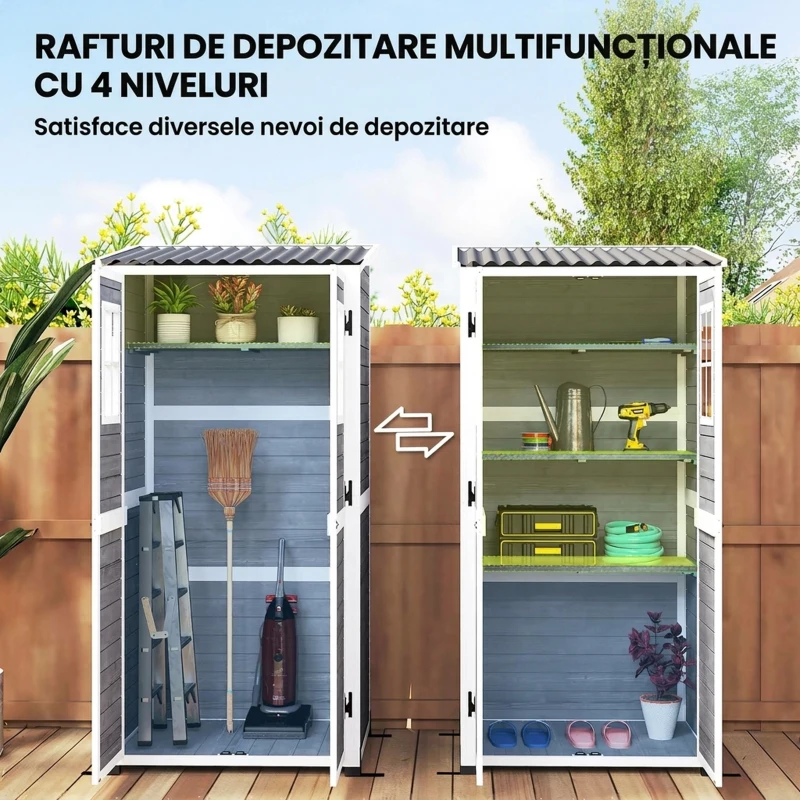 Outsunny Căsuță de Grădină din Lemn cu Rafturi Reglabile, Două Uși cu Încuietoare și Ferestre, Gri