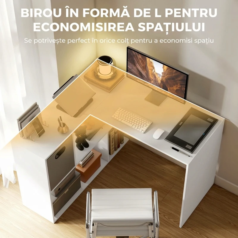 HOMCOM Birou în Formă de L pentru Computer, 110x100 cm, Birou cu Raft și Sertar din Material Textil, Masă PC pentru Dormitor, Birou și Cameră de Studiu, Alb