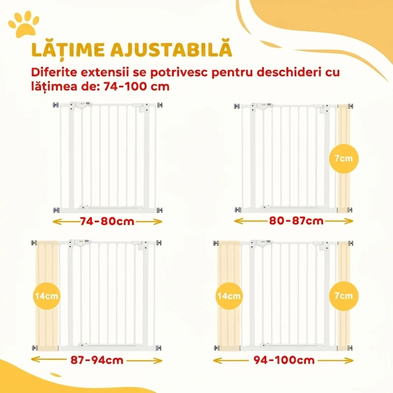 PawHut Poartă pentru câini reglabilă până la 100 cm fără șuruburi, cu 2 extensii și înălțime de 72 cm, albă