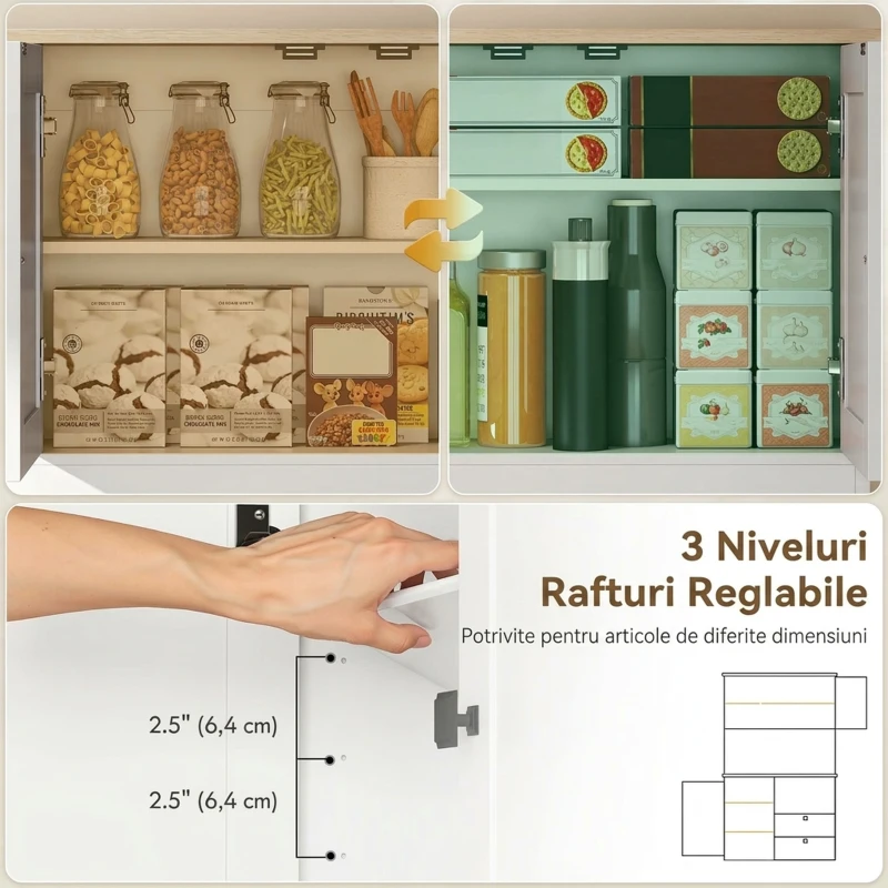 HOMCOM Bufet de Bucătărie cu 3 Dulapuri, 2 Sertare, Rafturi Reglabile și Suport pentru Condimente, 100x40x62 cm, Alb