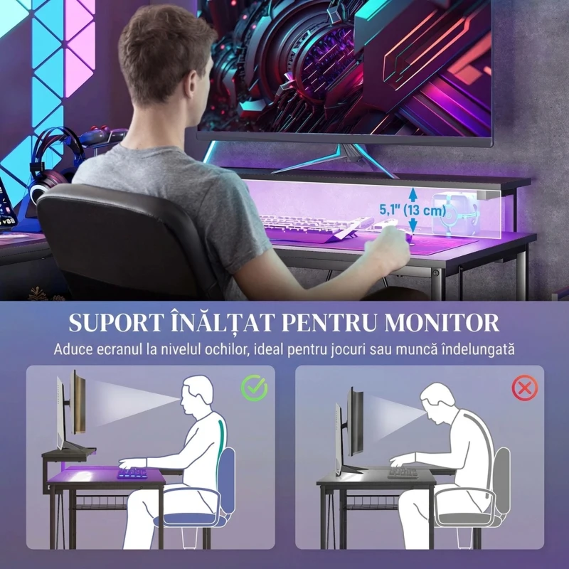HOMCOM Birou colțar reversibil cu LED, prize de curent și USB, rafturi și suport pentru monitor, negru