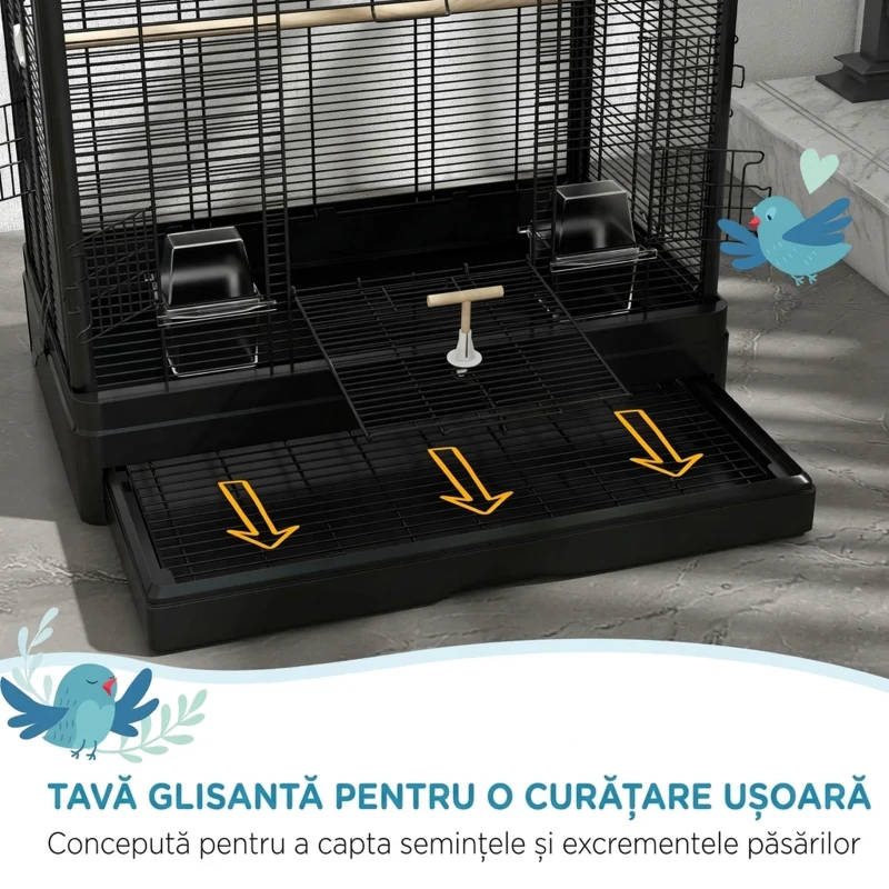 PawHut Colivie pentru Păsări cu Tavă Detașabilă și Suporturi, Volieră pentru Papagali, 61x36.5x98cm, Negru