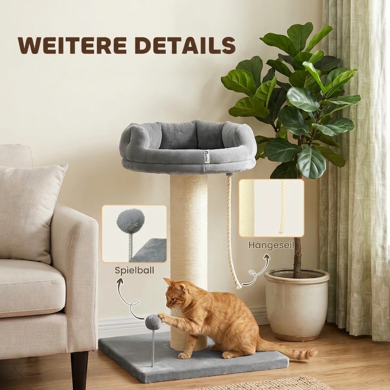 PawHut Krabpaal met kattenbed, 1 ligplek, incl. kattenspeeltje, 55 x 55 x 83 cm, grijs