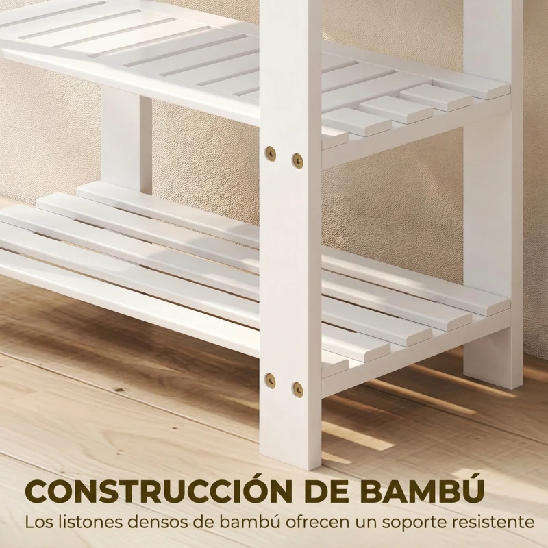 HOMCOM Banco Zapatero de Bambú con Asiento y 2 Estantes para 4 Pares para Entrada Salón Dormitorio 50x28x45 cm Blanco
