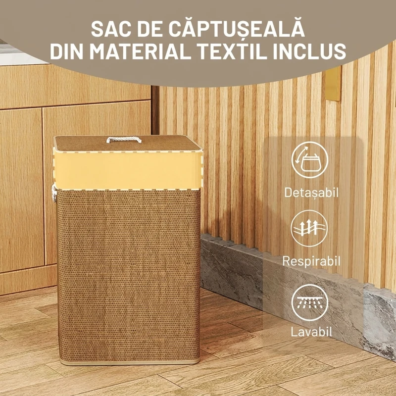 HOMCOM Coș pentru rufe 72L cu capac din bambus, mânere din frânghie și sac detașabil, maro