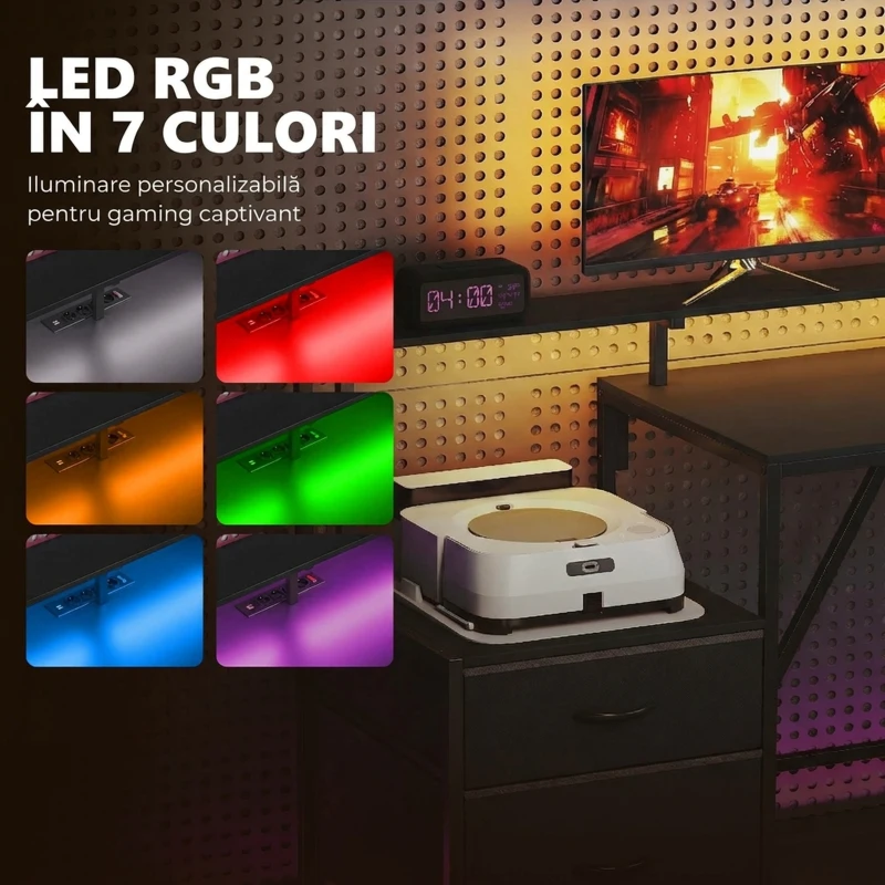HOMCOM Birou de Gaming Unghiular cu Hub de Încărcare, Lumină LED și Suport Monitor, din Lemn și Oțel, 192,5x80x86,5 cm, Negru