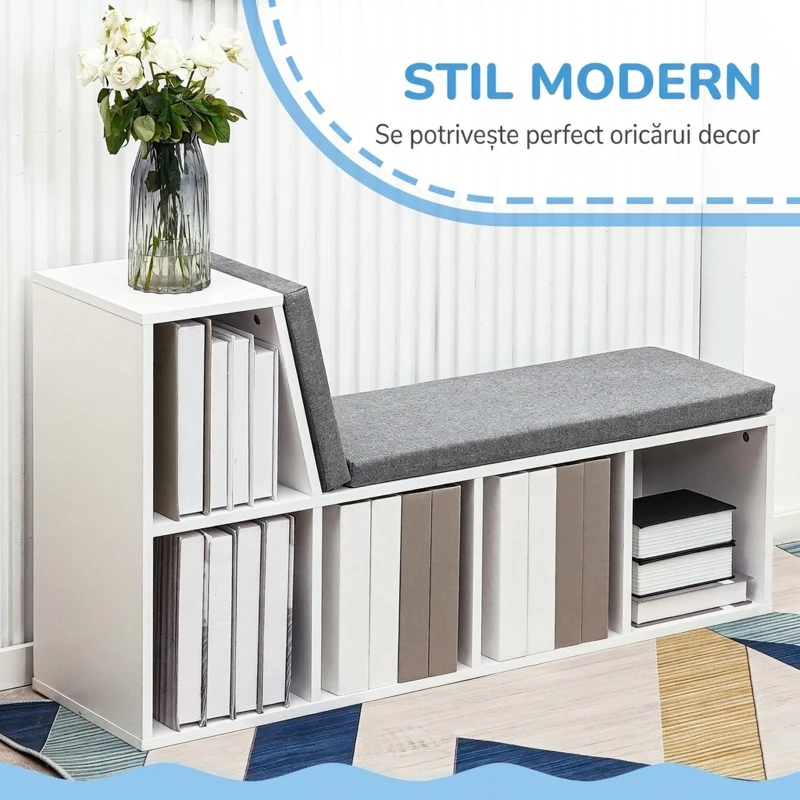 HOMCOM Bibliotecă cu 5 Rafturi Deschise și 2 Perne, Mobilier Modern din Lemn, pentru Living, Dormitor și Birou, Gri Alb