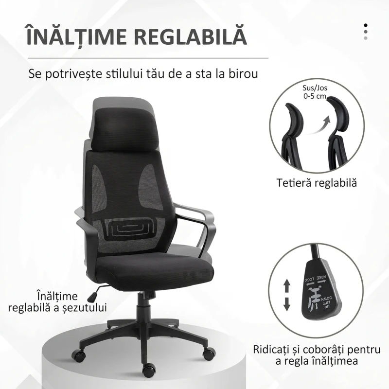 Vinsetto Scaun de Birou Rabatabil cu Tetieră și Suport Lombar, din Poliester, 64x55x116-126 cm, Negru