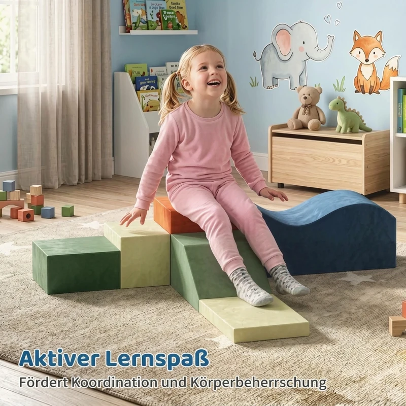 AIYAPLAY Schaumstoff Bausteine für Kinder Klettern 6 teilige Indoor Softbausteine mit utschfester Unterseite Samtoptik XXL Bunt
