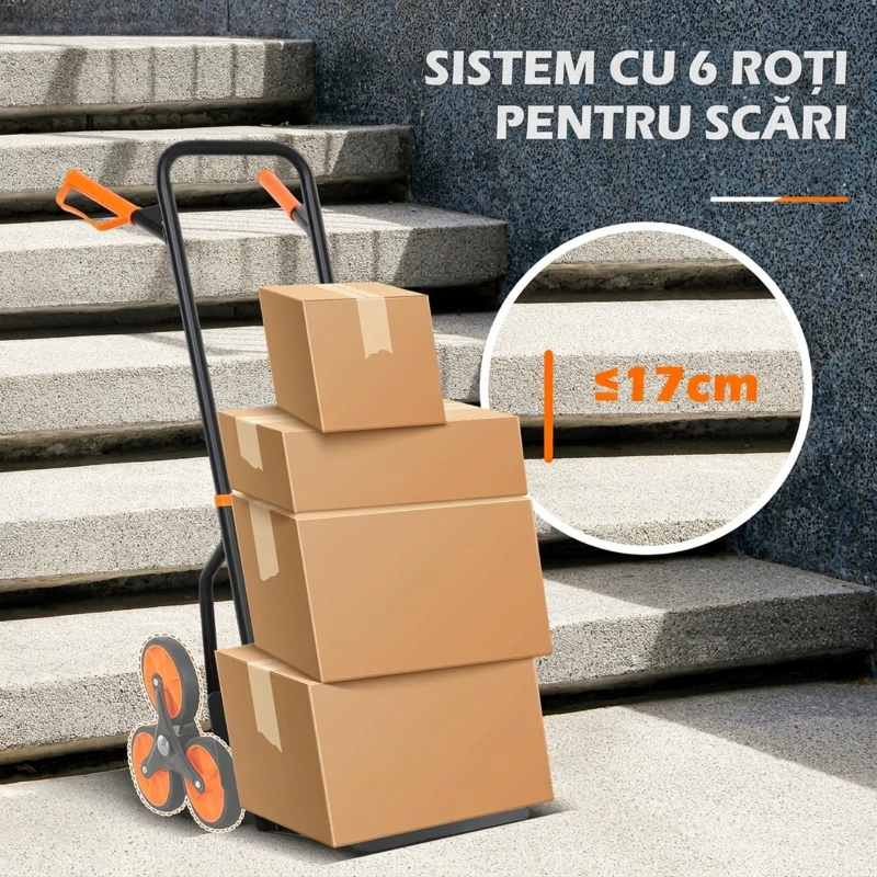 DURHAND Cărucior de Transport pentru Scări cu 6 Roți, Pliabil, Capacitate 120kg, din Oțel, pentru Mutări, Grădinărit, Portocaliu