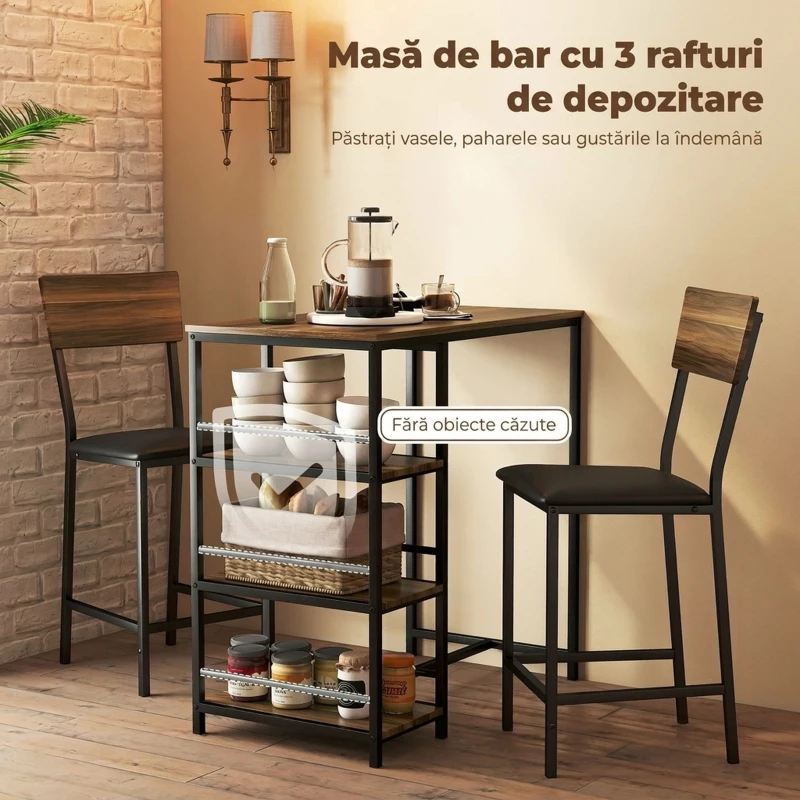 HOMCOM Masă de bar cu 3 rafturi și 2 scaune cu suport pentru picioare și spătar, din lemn și oțel, negru și culoare nuc
