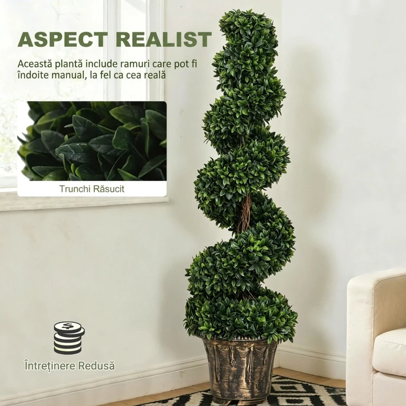Outsunny Set 2 Plante Artificiale de Buxus în Formă de Spirală pentru Interior și Exterior cu Ghiveci, Ø32x120 cm, Verde