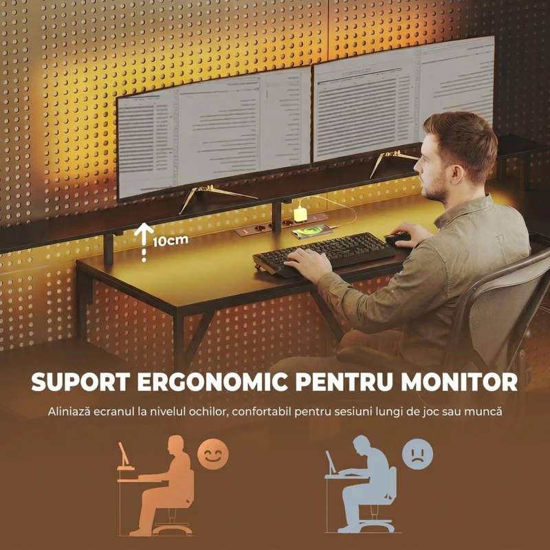 HOMCOM Birou de Gaming Unghiular cu Hub de Încărcare, Lumină LED și Suport Monitor, din Lemn și Oțel, 192,5x80x86,5 cm, Negru