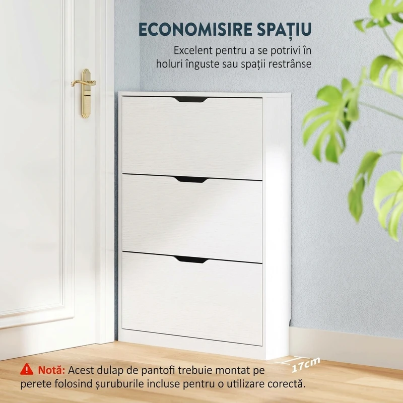 HOMCOM Pantofar Slim cu 3 Sertare Rabatabile cu Decupaj Inferior, din Lemn, 80x17x108 cm, Alb