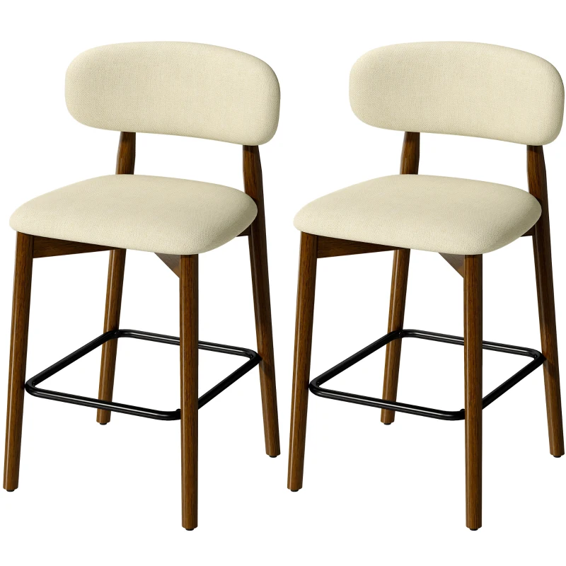 HOMCOM Lote de 2 Taburetes de Bar, Taburetes en Chenilla, Asiento Acolchado, Respaldo y Reposapiés, Patas de Madera, Beige