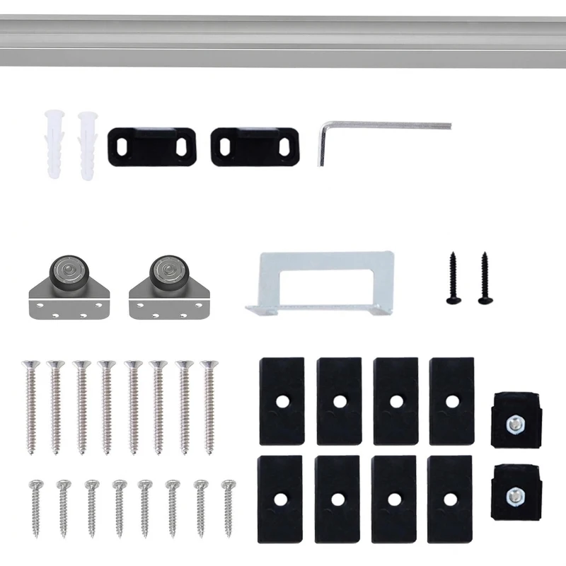 HOMCOM Kit Ușă Glisantă din Metal cu Accesorii, Role, Ghidaj, Blocaje și Cheie Hexagonală, 186x2.5x3.77 cm