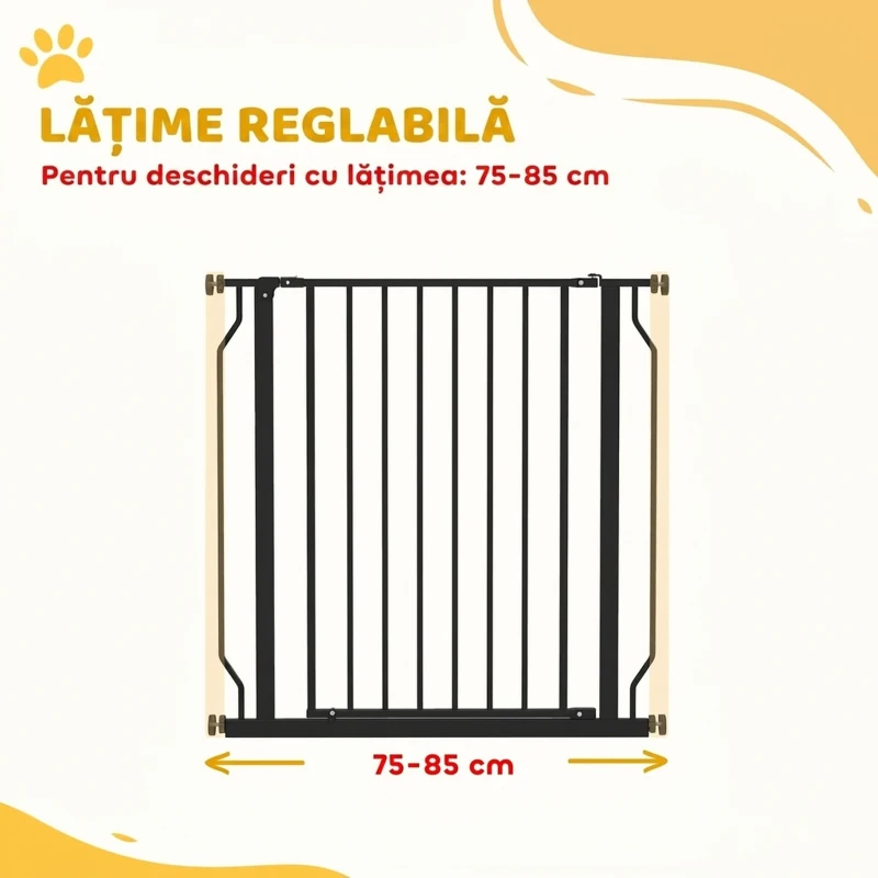 PawHut Poartă Extensibilă și Reglabilă pentru Câini, pentru Scări și Uși, din Oțel și ABS, 75-85x76 cm, Neagră