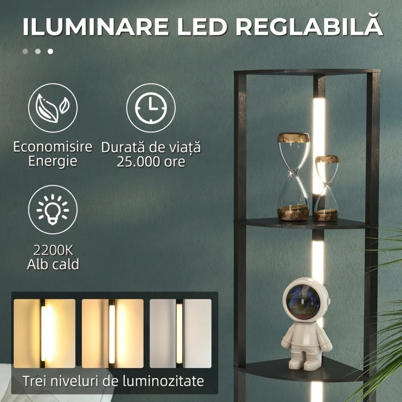 HOMCOM Lampadar Coloană din MDF cu 4 Rafturi și Iluminare LED de 3000K, 41x29.5x163.5 cm, Negru