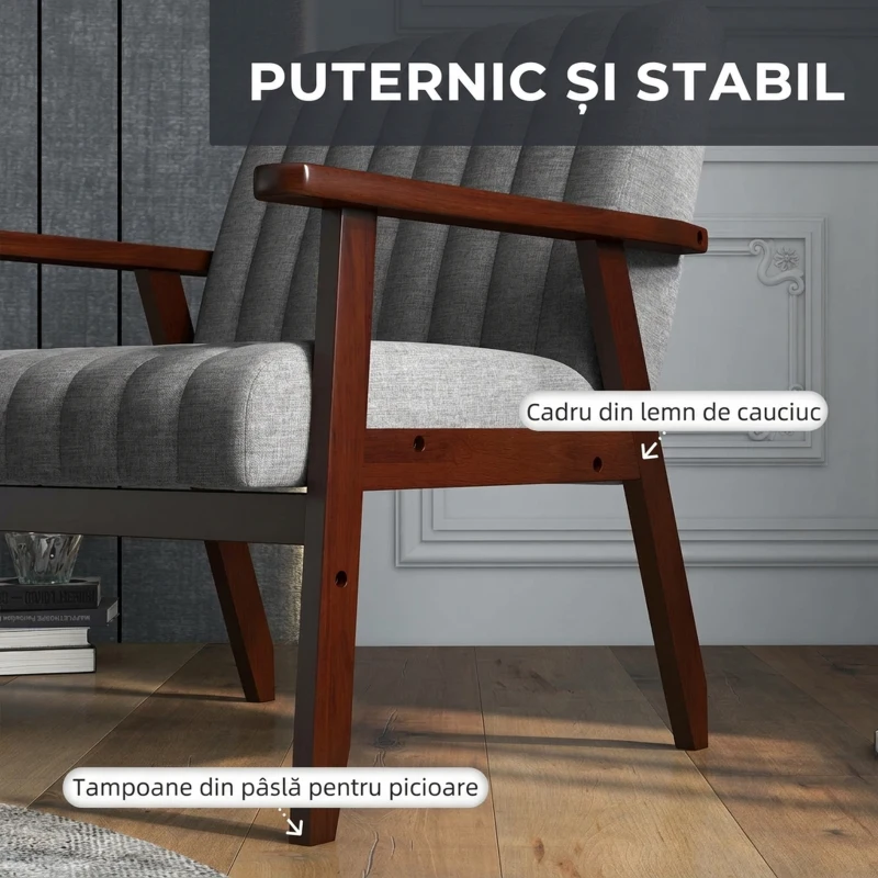 HOMCOM Fotoliu Tip Scaun din Material, Fotoliu Capitonat pentru Dormitor, Sufragerie, cu Picioare din Lemn, 64x74,5x75,5 cm, Gri